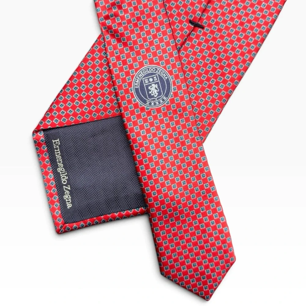 Ermenegildo Zegna Silk Tie Red Blue Geometric Small Crest Logo Made In Italy